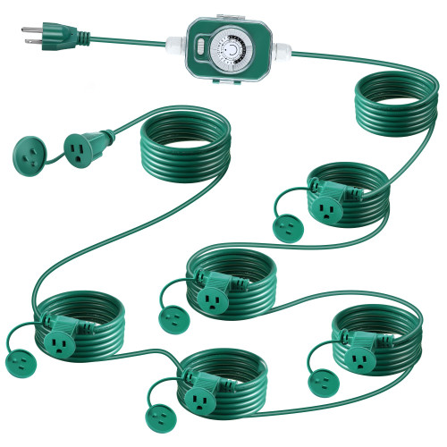 Feekoon Outdoor Extension Cord with Outlet Timer, Evenly Spaced 6 Outlets Plugs, Christmas Waterproof Green Extension Cord with Multiple sockets for Outside Holiday Xmas Lights(30 Ft)
