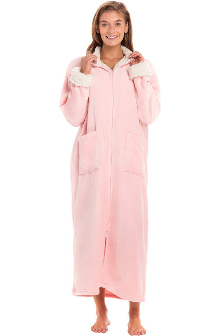 Alexander Del Rossa Long Zip Up Robes - Plush Zipper Housecoats for Plus Size Women - Pink Rose Quartz with Cream Large (A0258RSCLG)