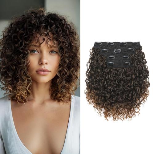FLUFYMOOZ 4PC Clip in Hair Extensions, 10 Inch 100% Pure Protein Silk Short Hairpiece Deep Curly Wavy Hair Extensions Clip in Natural Soft Hairpiece for Women-Dark Almond brown with copper FLUFYMOOZ 4PC Clip in Hair Extensions, 10 Inch 100% Pure Protein Silk Short Hairpiece Deep Curly Wavy Hair Extensions Clip in Natural Soft Hairpiece for Women-Dark Almond brown with copper