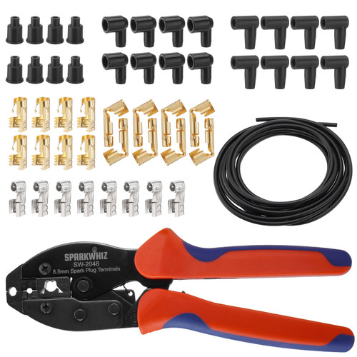 Ratchet Spark Plug Wire Crimping Tool Kit, 180 Degree/90 Degree/Straight Spark Plug Coil Terminals & 24PCS Boots, Ratcheting Wire Crimper Diameter 8.5-8mm (With Spark Plug Wires)