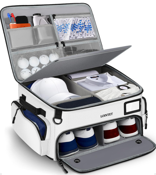 LOINTET Golf Trunk Organizer, Waterproof Car Golf Locker with Separate Ventilated Compartment for 2 Pair Shoes, Golf Storage for Balls, Tees, Cap, Clothes, Gloves, Accessories, Gifts for Men, Women