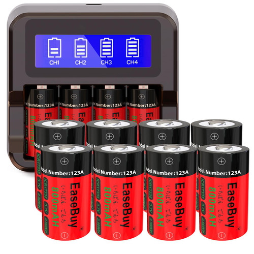 CR123A Rechargeable Batteries, EaseBuy 8-Pack 3.7V Rechargeable 123A Batteries and CR123A Charger for Arlo VMS3130 VMC3030 VMK3200 VMS3330 3430 3530 Cameras, Alarm System, Flashlight