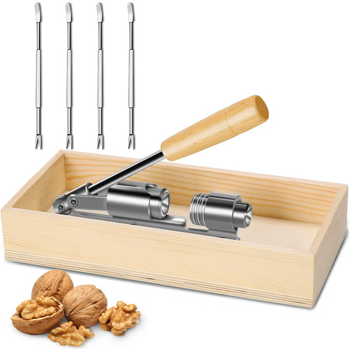 Artcome Heavy Duty Pecan Nut Cracker Tool with 4 Forks, Wood Handle Base with Rectangular Wooden Box Base for Walnuts, Chestnuts, Almonds, Pecans, Hazelnuts