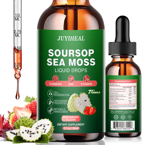 JUYIHEAL 7-in-1 Soursop Bitters Liquid, Soursop Oil with Sea Moss & Turmeric & Vitamin for Immune & Digestive & Cell Support, Sugar-Free | Non-GMO | Vegan (2 Fl oz) Strawberry