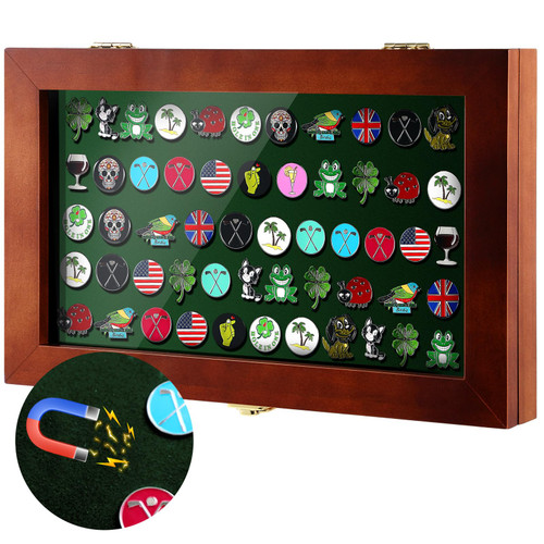 Silipull 40 Golf Ball Marker Display Case Full Magnetic Backing 15.5" W x 9.5" H Wall Mount Wooden W/98% UV Acrylic Door Lockable Storage Display Box for Ball Marker Collection (Brown)