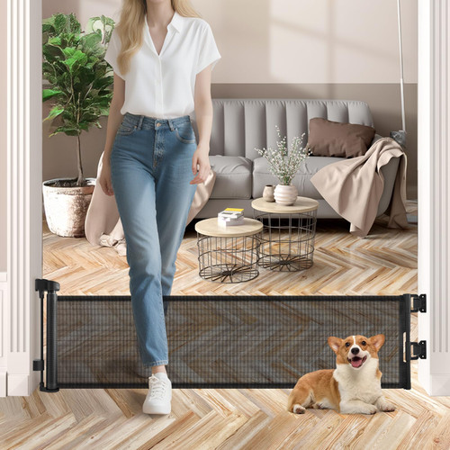 Crazydeer 14" Tall Short Dog Gate to Step Over, Retractable Mesh Pet Door for Small Puppy, Extended up to 55" Wide for Indoor Stairs Doorways and Hallway - Black