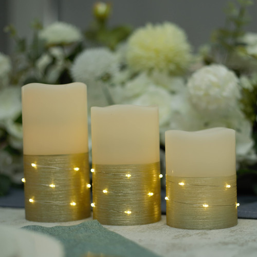 H-BLOSSOM Flickering Flameless Candles Ivory Real Wax Pillar with Embedded String Lights LED Candles Battery Operated with 10 Key Remote and Cycling 5H Timer Set of 3 (3" x 4"/5"/6") (Gold)