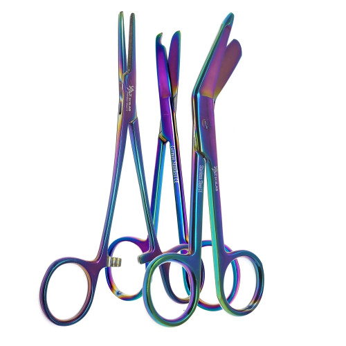 A2Z Scilab Set of 3 Bandage Scissors 5.5", Stitch Scissors 4.5" and Hemostat 5.5" Straight - Made of Premium Quality Stainless Steel Multi Color