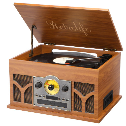 10-in-1 Record Player with Built-in Speakers Wireless Playback, CD & Cassette Player, USB Player, AM/FM Radio, 3 Speeds Turntable Vinyl Record Player Mahogany