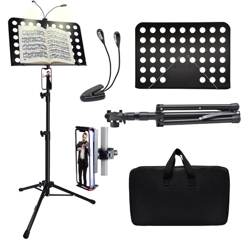 Sheet Music Stand with Light & Phone Holder, 57" Music Stand for Sheet Music High Stability, Height Adjustable Music Sheet Stand with Carrying Bag, Portable Music Book Holder (33-57inch)