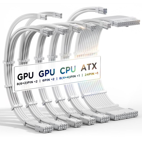 AsiaHorse 16AWG PSU Cable Extension Power Cords, Customized Power Supply Mod Sleeve Extension Cable, ATX/EPS/8-pin PCI-E/6-pin PCI-E for PSU Cable (Pure White)