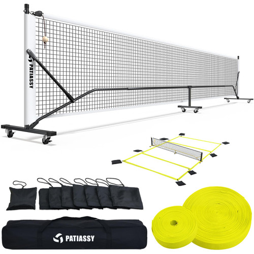 Patiassy Pickleball Net Set with Wheels and Pickleball Court Marking Kit 22 FT Regulation Size Portable Pickleball Nets with Net Tension Adjuster, 8 Sandbags for Outdoor Indoor Driveway (White)