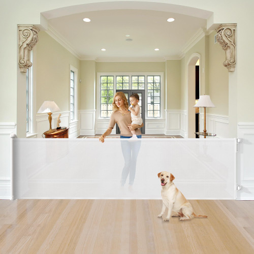 34'' Tall 100'' Extra Wide Retractable Baby Gates for Large Openings, Momssy Child Safety Mesh Gate, Long Dog Gate for Indoor/Outdoor Stairs Hallways Deck Patio Garage Door(White)