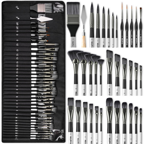 Nicpro 36pcs Paint Brush Set, Professional Paintbrushes with Palette Knife and Cloth Roll, Suitable for Artists and Beginners for Acrylic Painting, Oil, Watercolor, Gouache