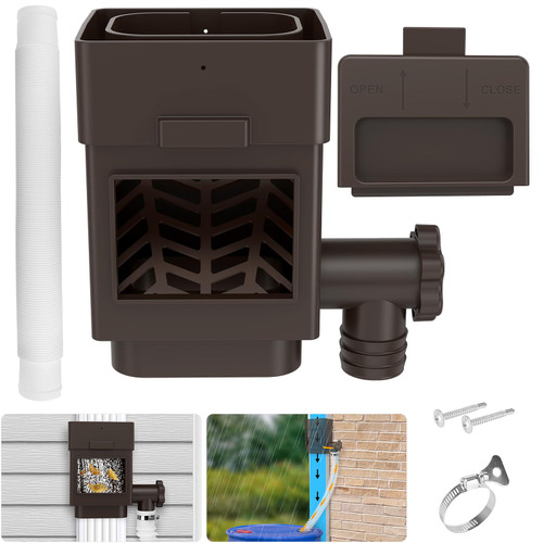 WADEO Rainwater Collection System, Downspout Diverter Fits for 2"x 3" or 3"x 4" Residential Downspouts, Rain Barrel Diverter Kit with Adjustable Valve and Filter, 5FT Hose, Brown