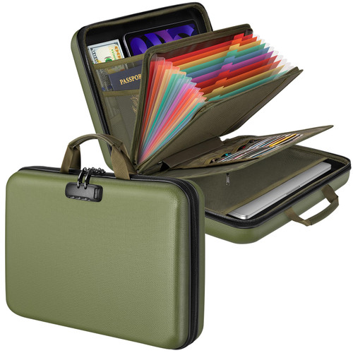 Fireproof Document Organizer with Lock, 2000℉ File Organizer Safe Box Fireproof Waterproof, Hard Shell Fire Proof Document Bag with 13 Pocket Accordion File Folders, Home Storage Office Organization