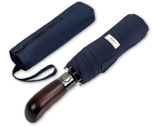 Balios Travel Umbrella Wood Handle Auto Open Close Vented Canopy Dark Navy