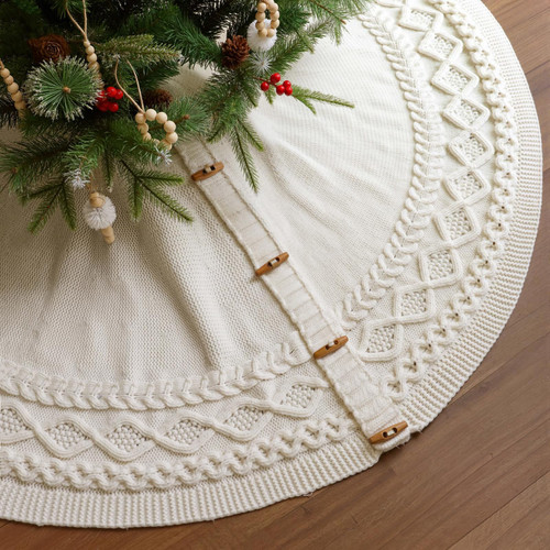 60 inch Christmas Tree Skirt: Large Tree Skirt for 9ft Tree, Diamond Edge Knit Cream White Tree Skirt, Vintage Tree Skirts, Rustic Farmhouse Christmas Decorations
