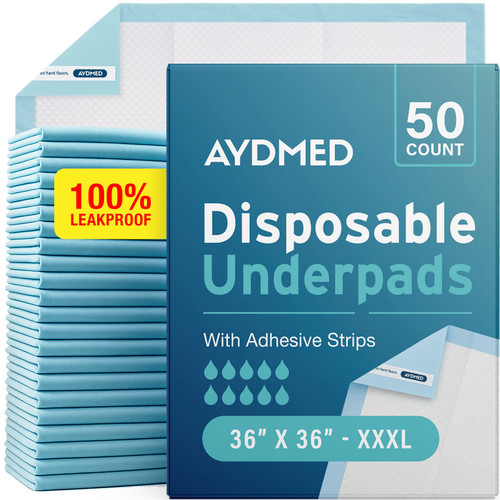 50 x AYDMED Incontinence Underpads 36" x 36" with Adhesive Strips | XXXL Bed Pads Disposable Adult | Max Absorbency Chux Pads for Adults, Children & Babies | Incontinence Bed Pads & Pee Pads