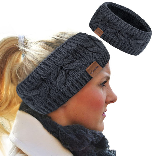 Loritta Womens Ear Warmers Headbands Winter Warm Fuzzy Cable Knit Head Wrap Fleece Lined Gifts, Grey