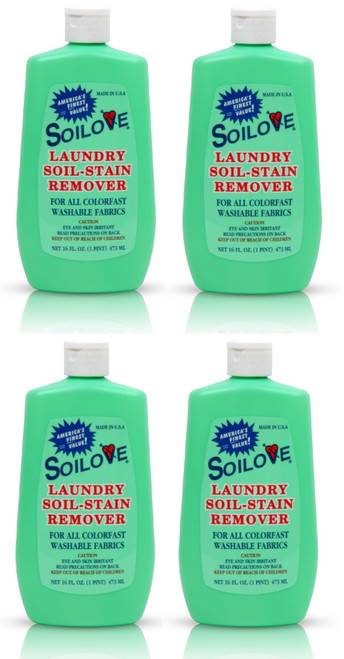 Soilove Laundry Stain Remover Liquid – 4 Bottles (16oz) – Powerful Prewash for Blood, Grease, Ink, Grass, Food, & More – Enzyme-Based Concentrated Stain Fighter for Clothes