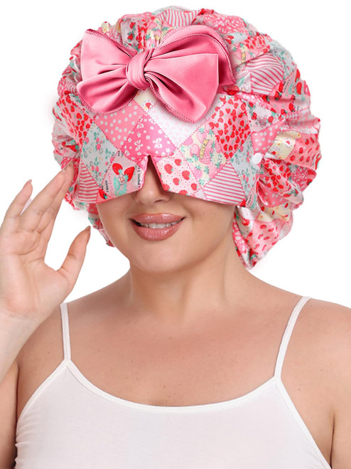 Vettres Double Layer Satin Bonnet for Sleeping with Detachable Eye Mask Adjustable Night Cap for Curly, Natural, Braided Hair Reduces Frizz & Locks in Moisture Pink Strawberry