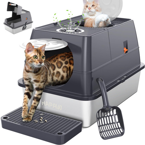 HAPAW Stainless Steel Litter Box with Lid, 135° Flip-Top Extra Large Cat Litter Pan, Enclosed Metal Litter Box with Litter Scoop & Filter Pedal, Odor Free, Front & Top Dual Entry HAPAW Stainless Steel Litter Box with Lid, 135° Flip-Top Extra Large Cat Litter Pan, Enclosed Metal Litter Box with Litter Scoop & Filter Pedal, Odor Free, Front & Top Dual Entry