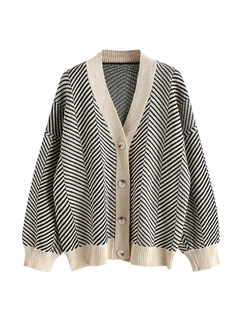 ZAFUL Women's Striped Cardigan Long Sleeve Button Up Open Front Knit Oversized Sweater (0-Stripes)