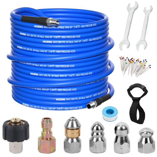 50FT Pressure Washer Sewer Jetter Kit, 5800 PSI Water Jet Drain Cleaner Hose with Corner Rotating Button Nose Nozzle, Sewer Jetting Nozzles Kit with Spanner Handle Strap