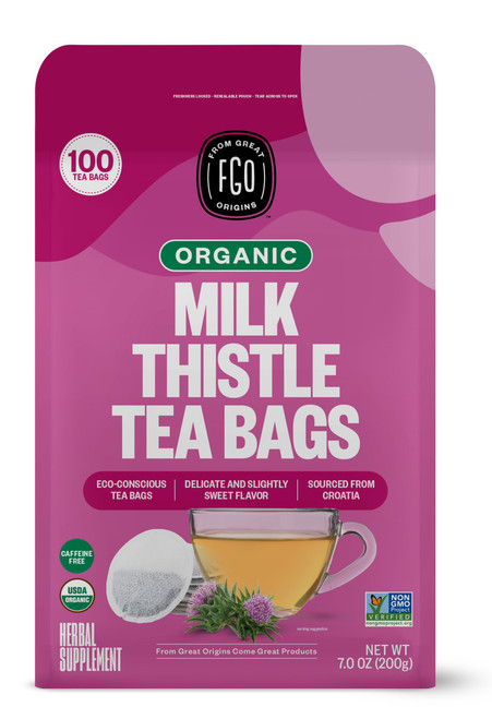 FGO Organic Milk Thistle Tea, 100 Count, Eco-Conscious Herbal Tea Bags, Resealable Bag, Caffeine Free, Packaging May Vary (Pack of 1)