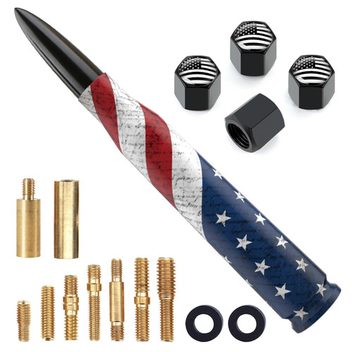 Car Truck Bullet Antenna Replacement Mast with Valve Stem Caps American Flag Style for GMC Sierra Chevy Silverado Dodge Ram 1500 2500 3500 Ford F150 F250 F350 Super Duty Raptor Accessories, Black