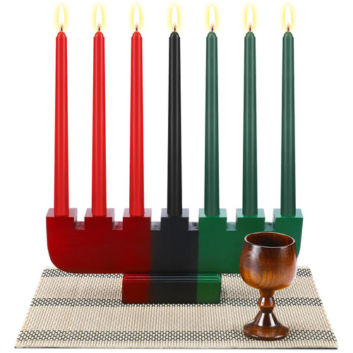 Zubebe 10 Pcs Kwanzaa Kinara Set 3 Red 3 Green 1 Black Kwanzaa Candle Set Kinara Bamboo Table Mat Candle Holder Wooden Wine Goblet for Celebration Decoration(Red Green Black)