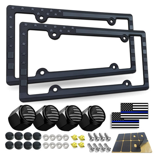 BGGTMO American Flag License Plate Frames- Patriotic USA Stars and Stripes Plastic Car Tag Holder Cover (Gloss on Matte Black) with Screws