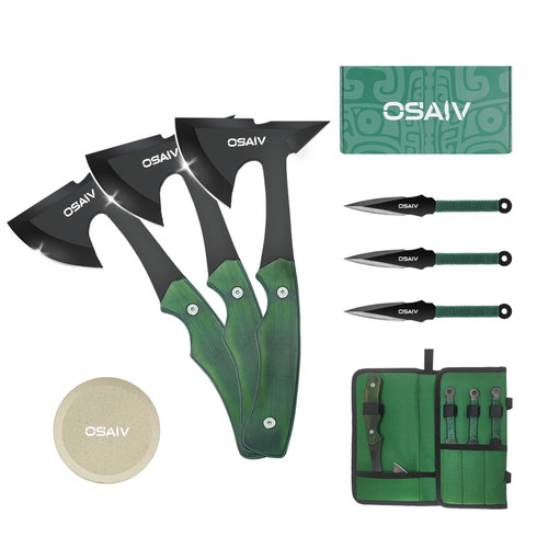OSAIV Throwing Axes Set, Full Tang Stainless Steel Well Balanced Hatchet with Wooden Handle, 8.8in Double Bit Axe for Backyard Recreation and Competition, 3 Pack with Storage Bag and Whetstone