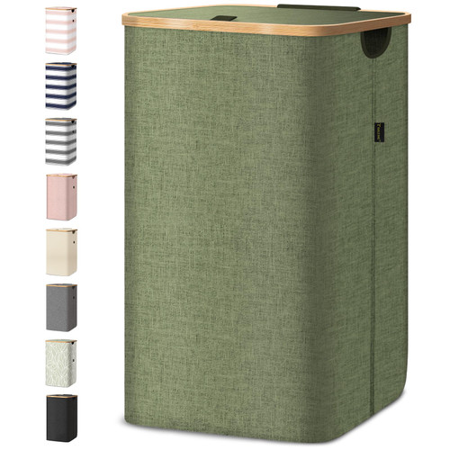 BALEINE Laundry Hamper with Lid, Tall Laundry Baskets with Bamboo Pull Handles, Large Laundry Bin with Internal Support (18 Gal/70L, Green)