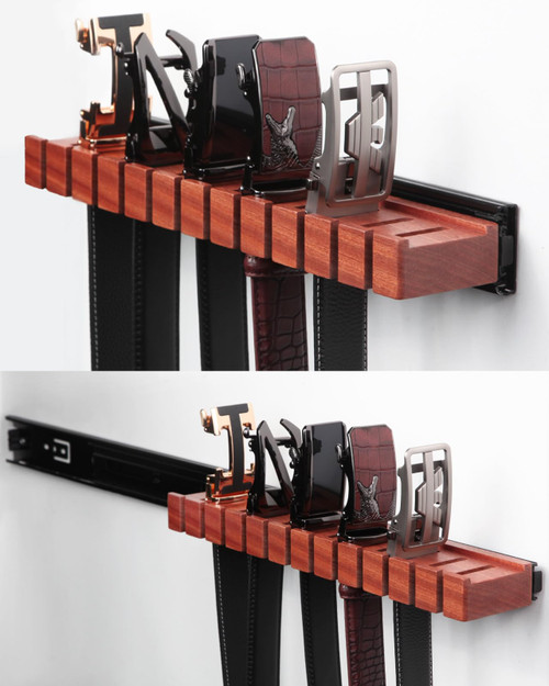 HeywoodCabin Premium Walnut Wood Belt Organizer with Sliding System - 12-Belt Heavy-Duty Belt Holder, Wall-Mounted Belt Hanger for Closet, Space Saving Storage & Elegant Father’s Day Gift
