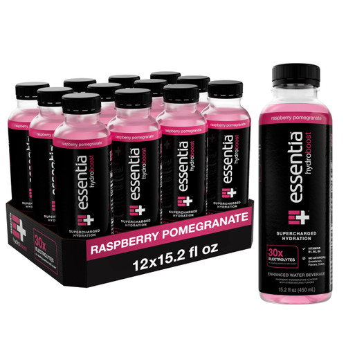 NEW Essentia Hydroboost Enhanced Bottled Water, 15.2 fl. oz. (450 mL), 12 Pack, Raspberry Pomegranate, Hydrolyte Blend with B-Complex Vitamins and Electrolytes, Clean Taste & Supercharged Hydration