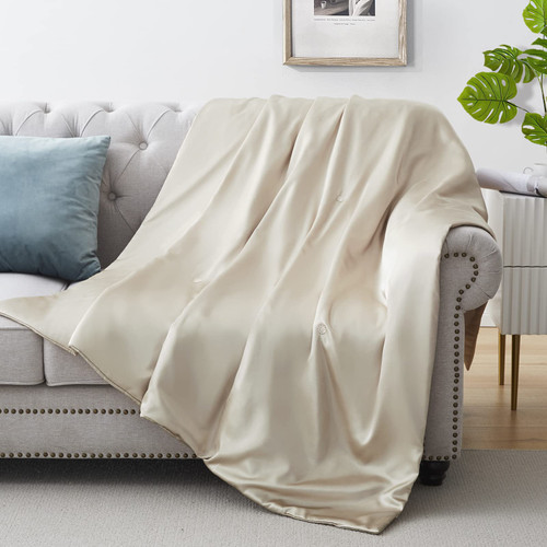 Silk Throw Blanket - Beige Cooling Packable Satin Blanket for Couch, Bed, Camping, Outdoor, Travel, Car - Super Soft Lightweight Cozy Blanket(50'' x 60'', Taupe)