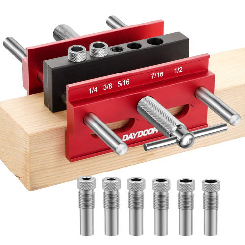 DAYDOOR 6.7'' Self Centering Doweling Jig, Wide Capacity Dowel Jig for Straight Holes, Adjustable Width Centering Jig with 6 Bushings and 3 Drill Bits(Red) DAYDOOR 6.7'' Self Centering Doweling Jig, Wide Capacity Dowel Jig for Straight Holes, Adjustable Width Centering Jig with 6 Bushings and 3 Drill Bits(Red)