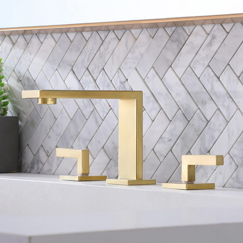 VCCUCINE Gold Bathroom Faucet, Modern Commercial 2 Handle 3 Holes Brushed Gold Widespread Bathroom Brass Lavatory Vanity Sink Faucet with Water Supply Lines,DSTVC051-2GN