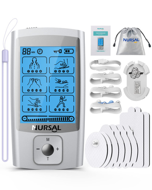 NURSAL 24 Modes TENS Unit Muscle Stimulator with Continuous Stimulation, Rechargeable Electronic Pulse Massager with 8 Pads for Back and Shoulder Pain Relief and Muscle Strength (Silver)