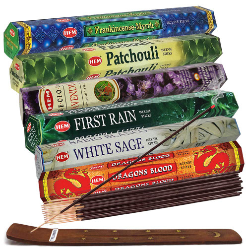 Hem Incense Sticks Variety Pack #23-120 Insence-Sticks (6 Incents x 20 Insense) + Incense Stick Holder with 6 Most Liked Scents Including Patchouli Dragons Blood White Sage Frankincense-Myrrh