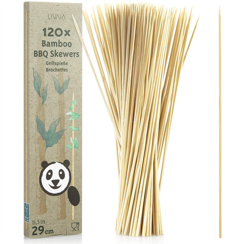 LIVAIA Wooden BBQ Skewers: 120 x Premium Bamboo Barbecue Skewers and Kebab Skewers Wood Extra Long - Wooden Skewers for Crafts - Round Wooden Skewers - Wooden Stick 11.4in - Bamboo Grill Skewers