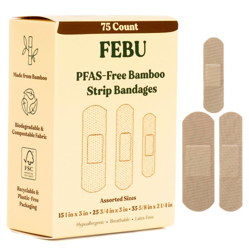 FEBU Eco-Friendly Bamboo Fabric Bandages | PFAS Free Flexible Fabric Bandages | Natural Hypoallergenic Bandage for Scrapes, Cuts & First Aid | Fully Compostable, Latex Free Bandage | 75 Count Strip
