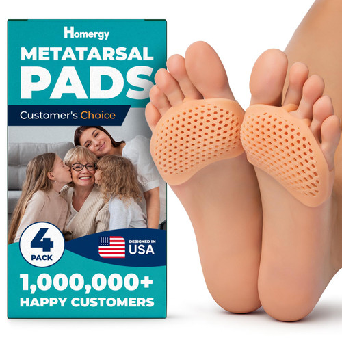 Homergy Metatarsal Foot Pads - Soft Gel Ball of Foot Cushions for Pain Relief, Ultra-Thin Sleeve Design, Stays in Place, Breathable & Reusable - Fits Heels, Flats, Sneakers (4 Pads / 2 Pairs)