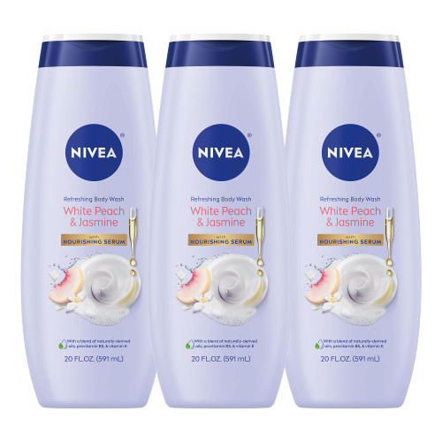 NIVEA Refreshing White Peach and Jasmine Body Wash with Nourishing Serum, Scented Body Wash for Women, Enriched with Provitamin B5 and Vitamin E, 20 Fl Oz Bottle, 3 Pack