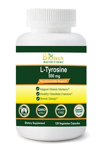 Biotech Nutritions L-Tyrosine 500 mg 120 Vegetable Capsules Made in USA Non-GMO, Gelatin Free Tyrosine