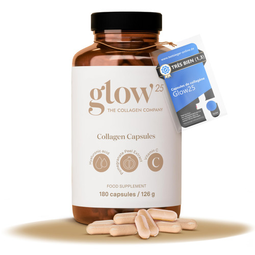 Glow25® Kollagen Kapseln hochdosiert [180 Kapseln] mit Hyaluronsäure und Vitamin C | Premium Collagen Complex für eine schöne Haut | Ohne Zusatzstoffe | Laborgeprüft | Made in Germany