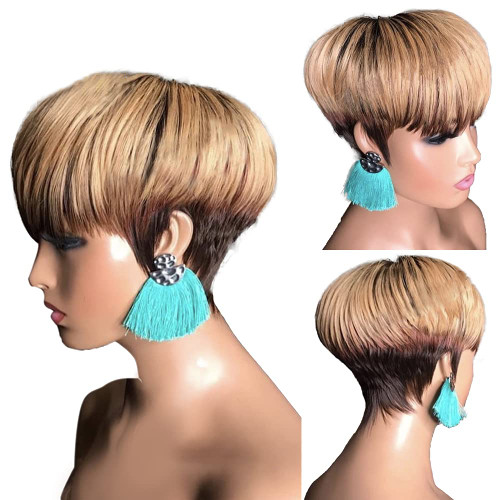 Bulapla Ombre Pixie Cut Wig Human Hair Short Bob None Lace Front Wig with Bangs Straight 3 Tone Full Machine Made Wig Brazilian Remy Human Hair 1B/33/27 (8 Inch, 130% Density)…