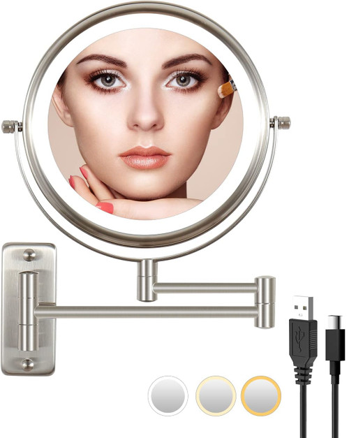 LANSI Rechargeable Lighted Makeup Mirror, 10x Magnifying Mirror, 3 Color Lights, Touch Screen Dimming, 360° Extendable Arm Wall Mounted Mirror for Bathroom Shaving (Brushed Nickel)